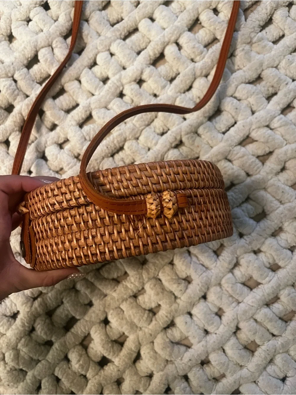 Round Woven Crossbody Bag in Brown